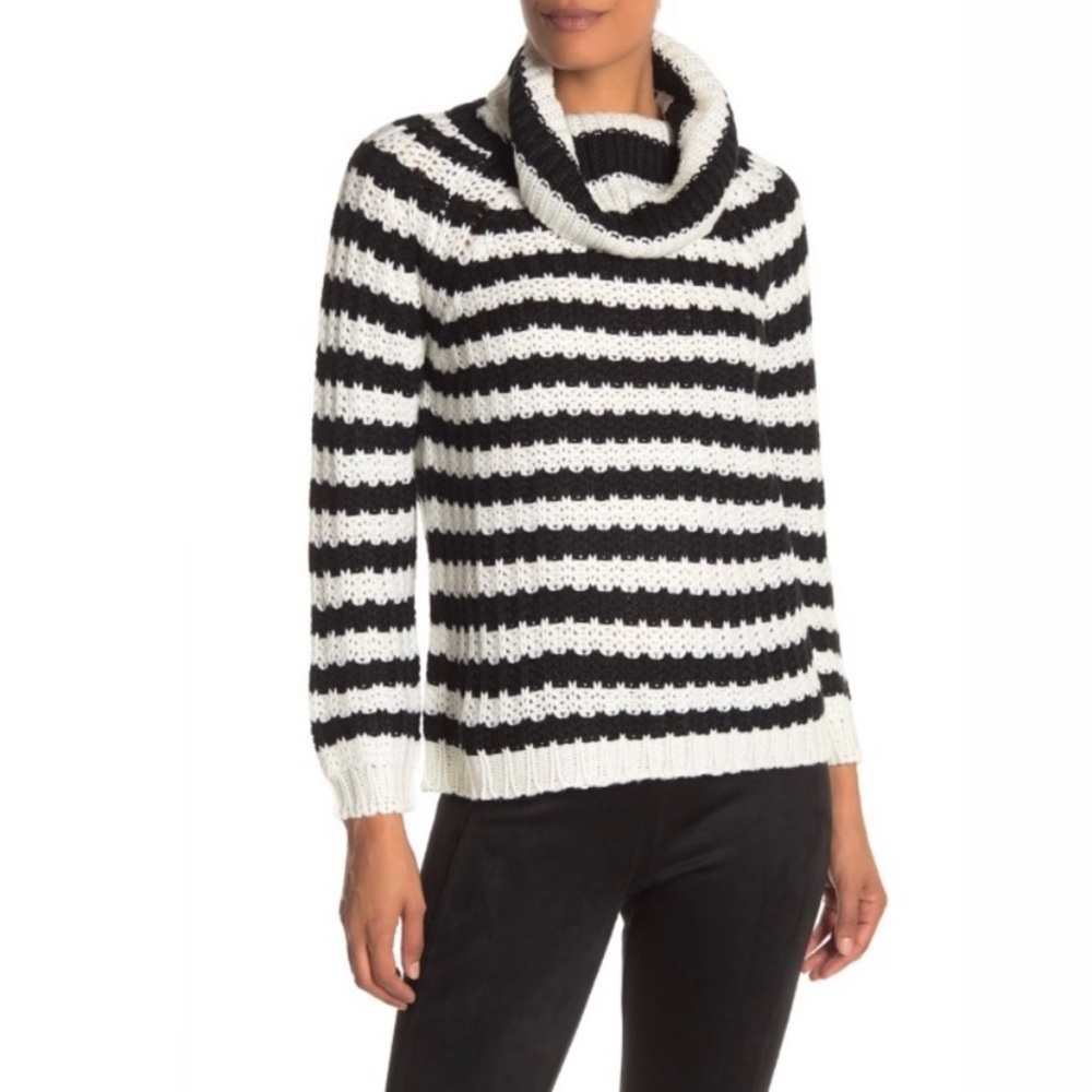 Catherine Malandrino Striped Cowl Neck Sweater Black White Knitted
